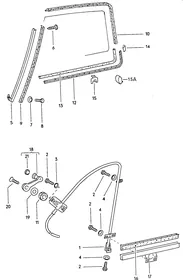 Window lifter, guide channels, window slot seal — VW GTI factory diagram