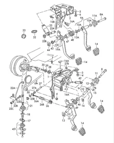 Brake, clutch pedal cluster, clutch cable — VW GTI factory diagram