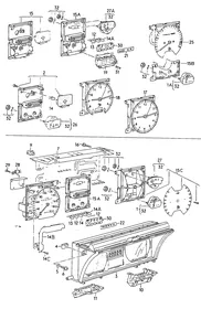 Instrument housing, fuel, temperature, gearshift and consumption gauges, printed circuit foil, clock, revolution counter — VW GTI factory diagram